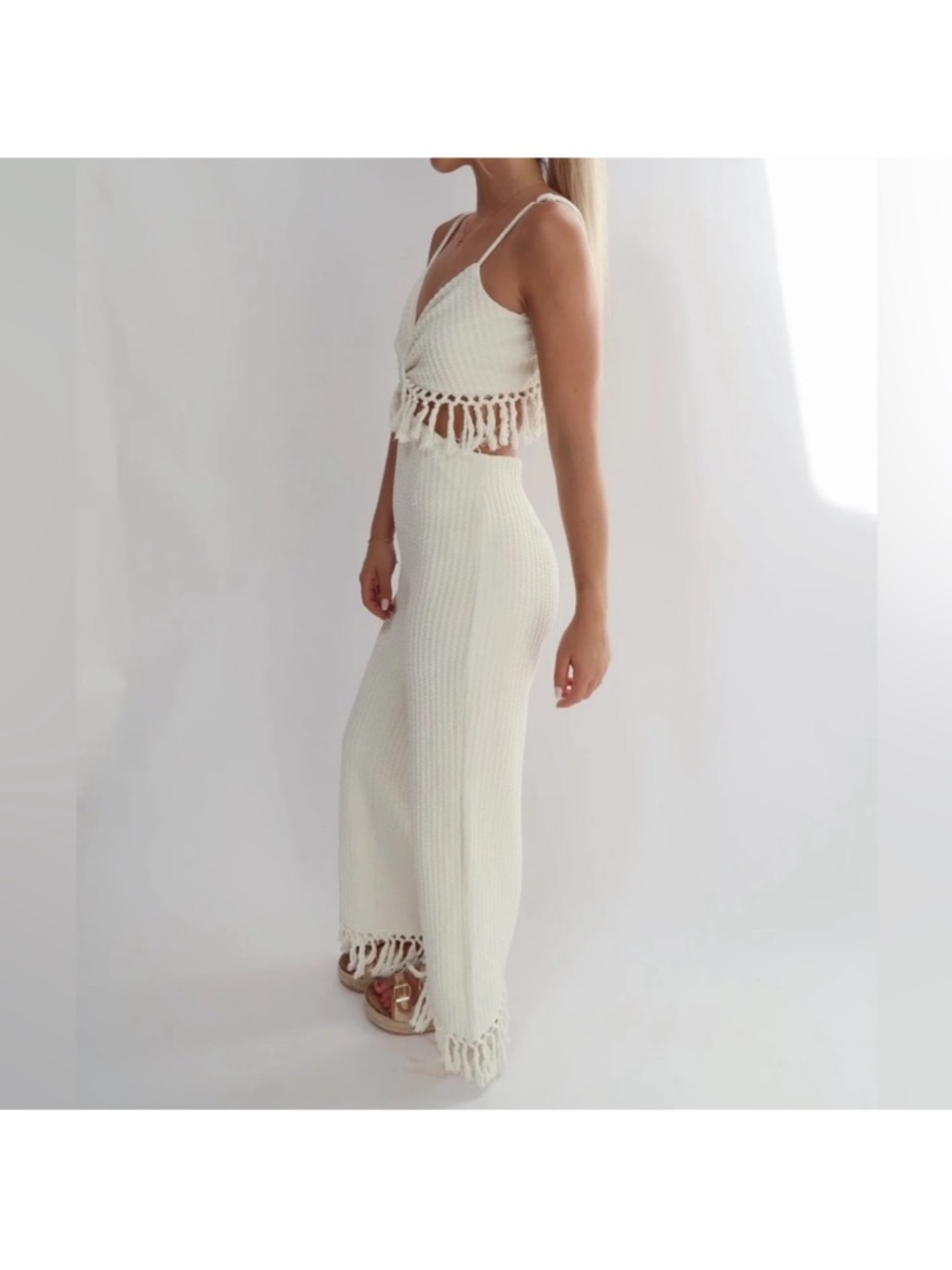 Cream Crochet Fringe Spaghetti-Strap Jumpsuit